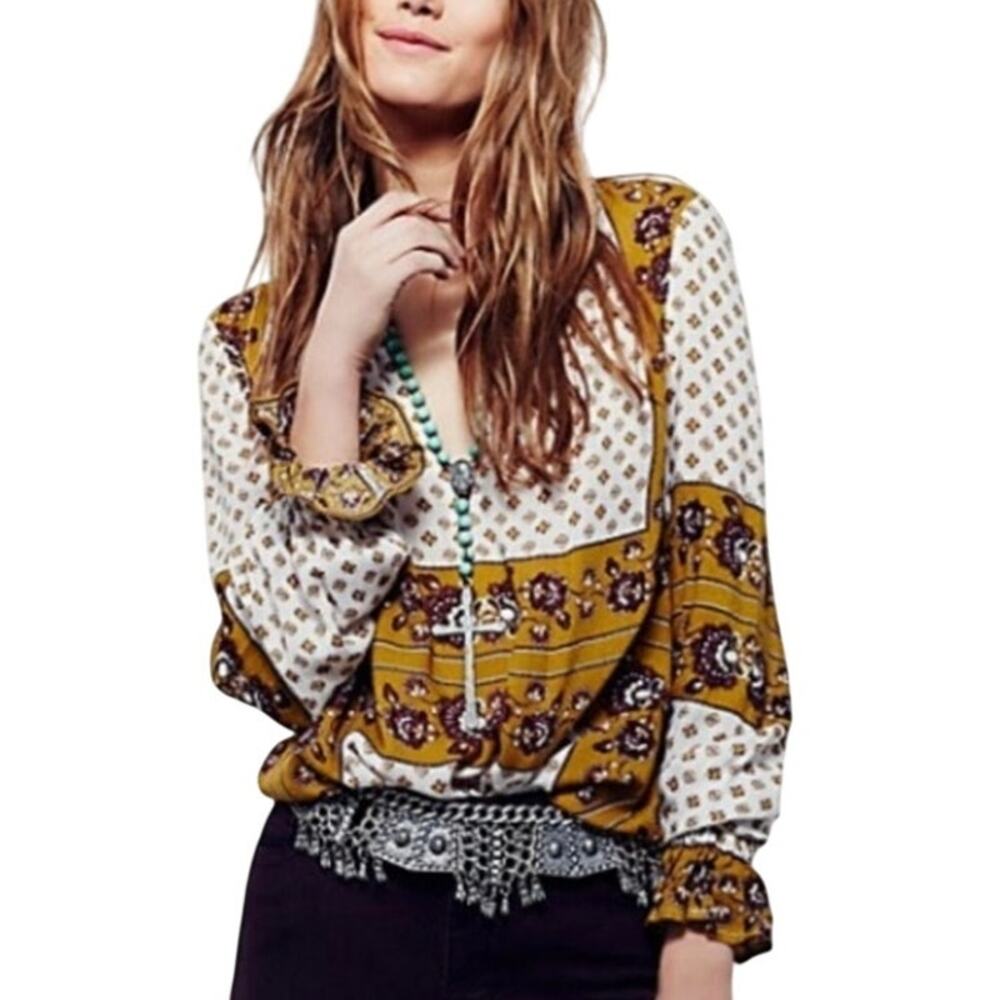 FREE PEOPLE Changing Times Dobby Tunic Top Boho Mixed Ash Print SMALL Festival